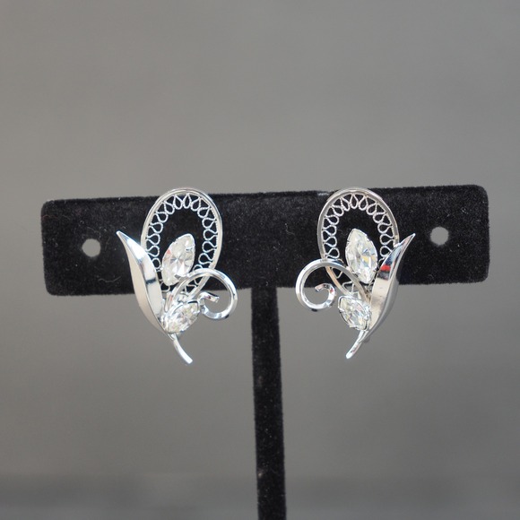 Jewelry - Vintage Earrings Screw Back Flower Floral Rhinestone Sterling Silver Filigree